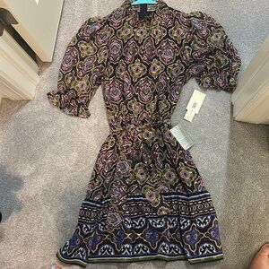 Eliza J eggplant, pink, gold  and olive  Sheath Dress with Puff Sleeves